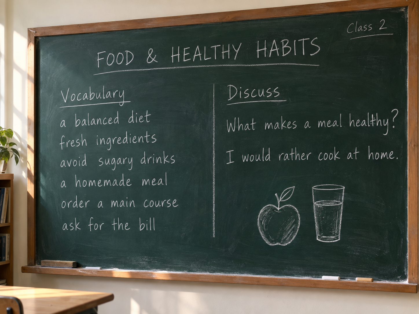 Zdjęcie tablicy z lekcji Food & Healthy Habits: a balanced diet, fresh ingredients, avoid sugary drinks, a homemade meal, order a main course, ask for the bill.